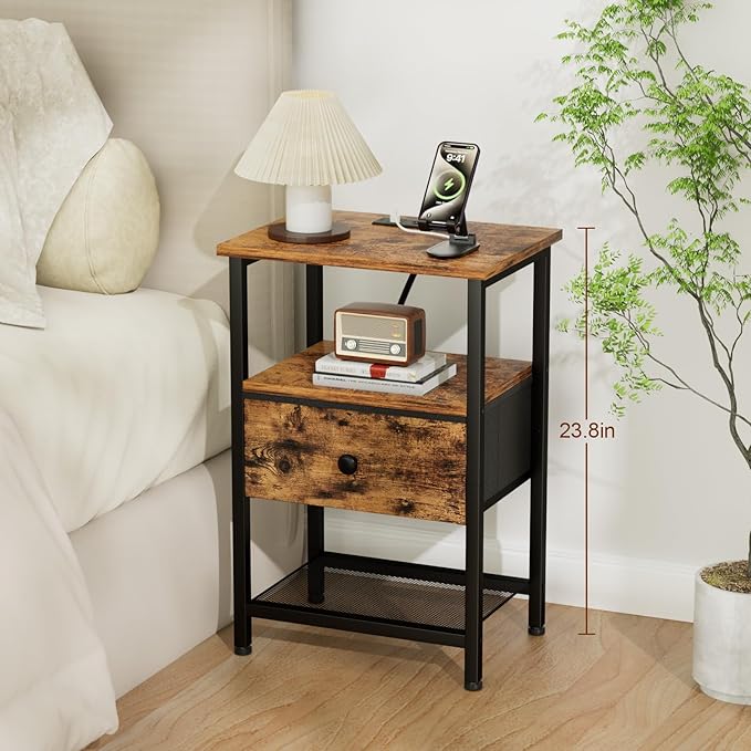 Night Stand with Charging Station, Small Bedside Table with Fabric Drawer, Nightstand with USB Ports & Outlets for Bedroom, Living Room, Brown, HETS010BR-1