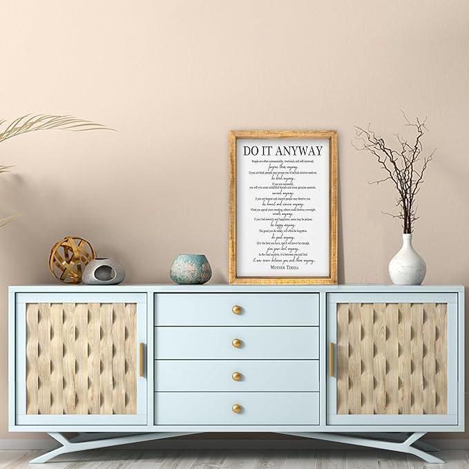 comurdyo Do It Anyway Wall Decor 16"x11" Mother Theresa Quotes Inspirational Sign Bible Verse Christian Motivational Modern Bedroom Vintage Wood Framed Farmhouse Wall Hanging Art (Wood)