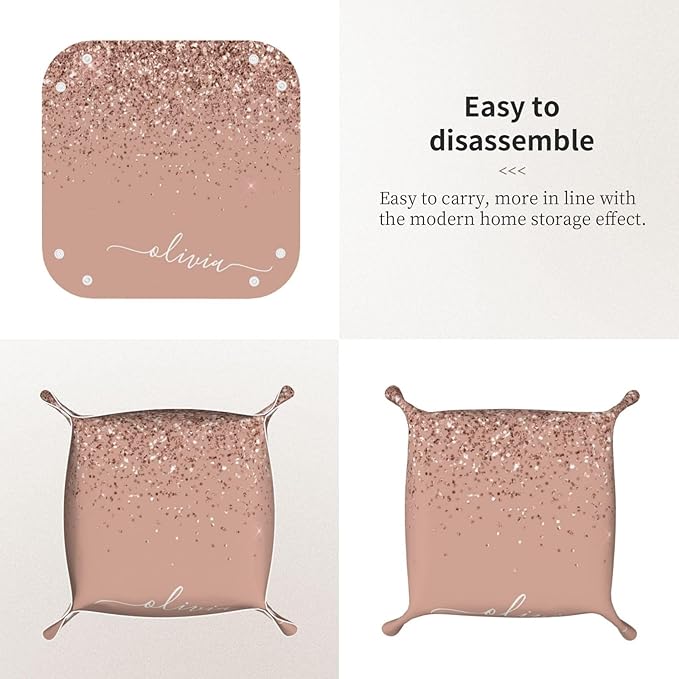 Blush Pink Rose Gold Glitter Leather Vanity Tray Desktop Storage Organizer, Decorative Catchall Perfume Tray, Bathroom Valet Tray,Nightstand Caddy Holder for Keys Phone Wallet Coin Jewelry, S