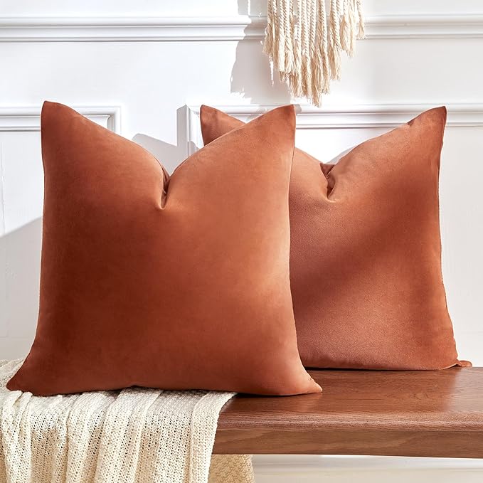 Throw Pillow Covers Rust Set of 2 16x16 Inch Pillow Covers, Soft Velvet Fall Decorative Cases for Couch Sofa Bed, Home Boho Decor, Modern Farmhouse Cushion Covers
