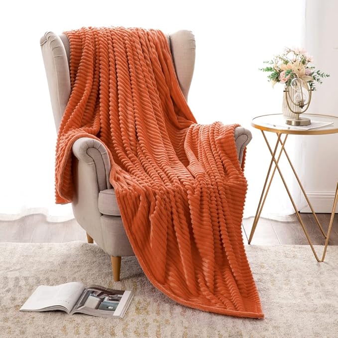 MIULEE Burnt Orange Fleece Throw Blanket for Couch 300GSM Super Soft Lightweight Plush Striped Throws, Warm Cozy Breathable Ribbed Blanket for Bed/Sofa, Twin Size 60"x80"