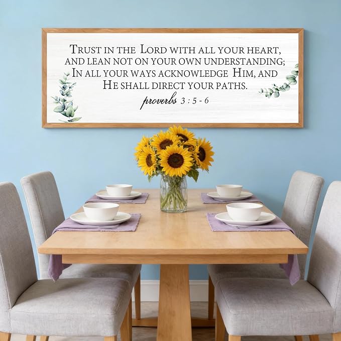 Trust in the Lord with All Your Heart Wall Art: 40"x15" Framed Bible Verse Wooden Sign, Proverbs 3:5–6 Christian Wall Decor, Large Rustic Scripture Home Decor, Natural
