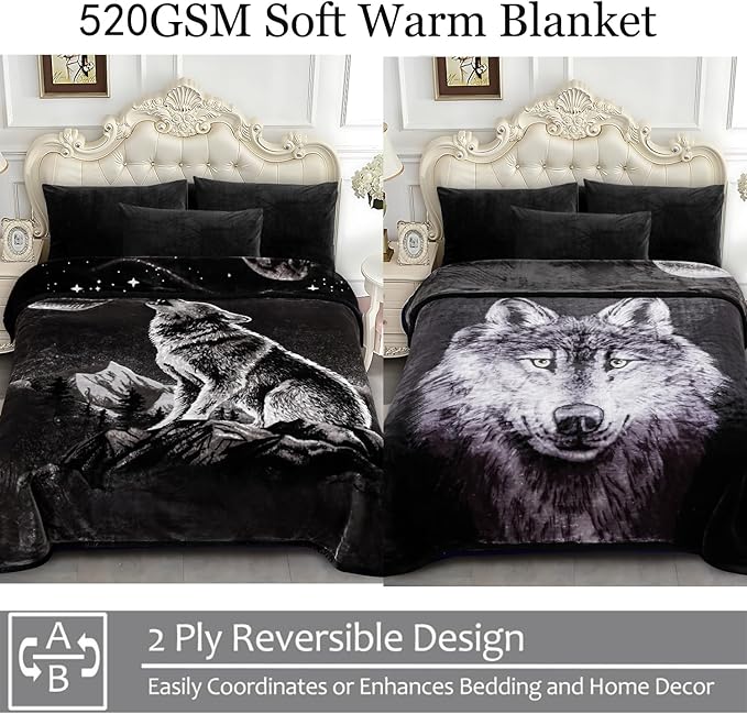 JYK Wolf Blanket Soft Korean Style Fleece Bed Blanket, 5.7 LB 520GSM Warm Blanket King 83" X 91, 2 Ply Reversible A&B Pattern, Ideal Gift for Men Adult on Father's Day Birthday Christmas
