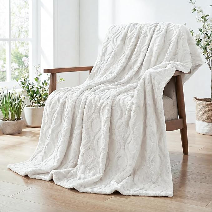 Horaldaily Solid Blanket Throw, White Accent Farmhouse Neutral Square Euro Soft Fuzzy Plush Faux Fur Cozy Blankets for Couch Sofa Bed Lounging, Ideal Gifts for Kids Adults Wife Self, 50x60
