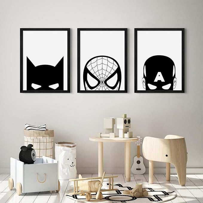 Superhero Spiderman Canvas Wall Art Black And White Wall Art Superhero Posters Spiderman Pictures Painting Wall Decor Superhero Poster for Living Room Bedroom 12x16 Inch Black Framed Set of 3