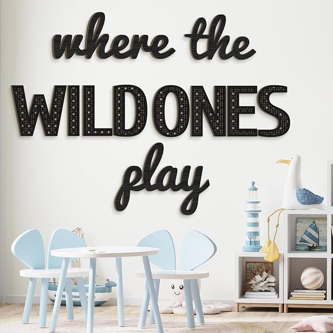 Where the Wild Ones Play Nursery Sign Wooden Playroom Wall Decor Playroom Decoration Word Play Room Sign for Wall Plaques(40 Inch,Black)