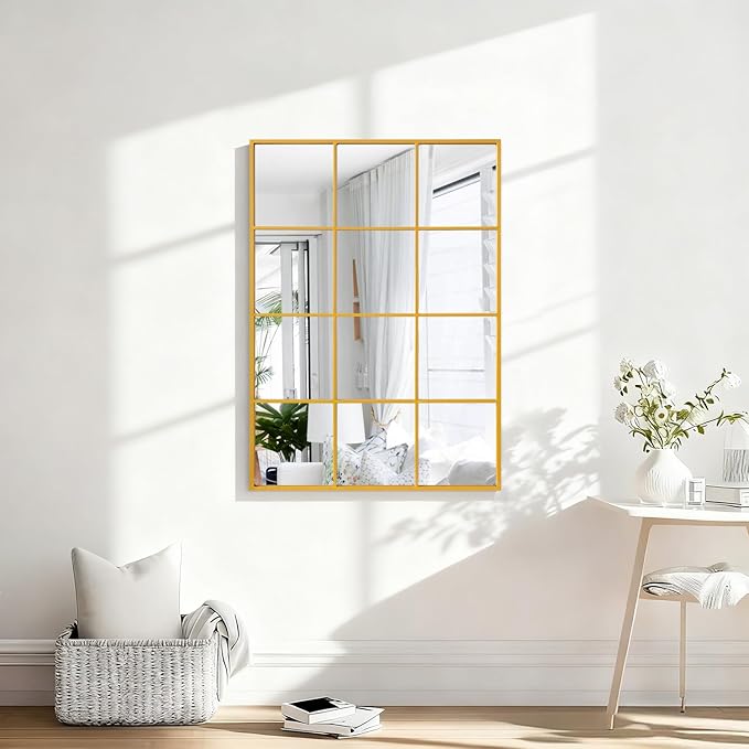Gold Metal Mirror, Rectangle Wall Mounted Mirror Gold Modern Art Mirrors Mirrors for Living Room Bedroom Fireplace 20x28 Inch Decor