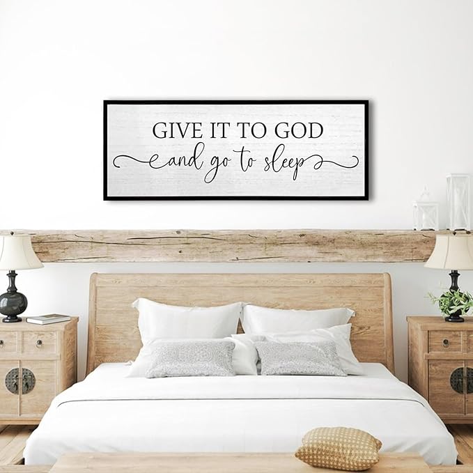 Give It To God And Go To Sleep Wall Decor Sign 40"X15" Master Bedroom Above Bed Wood Framed Large Farmhouse Rustic Over Bed Wall Art Hanging Decoration (Black)