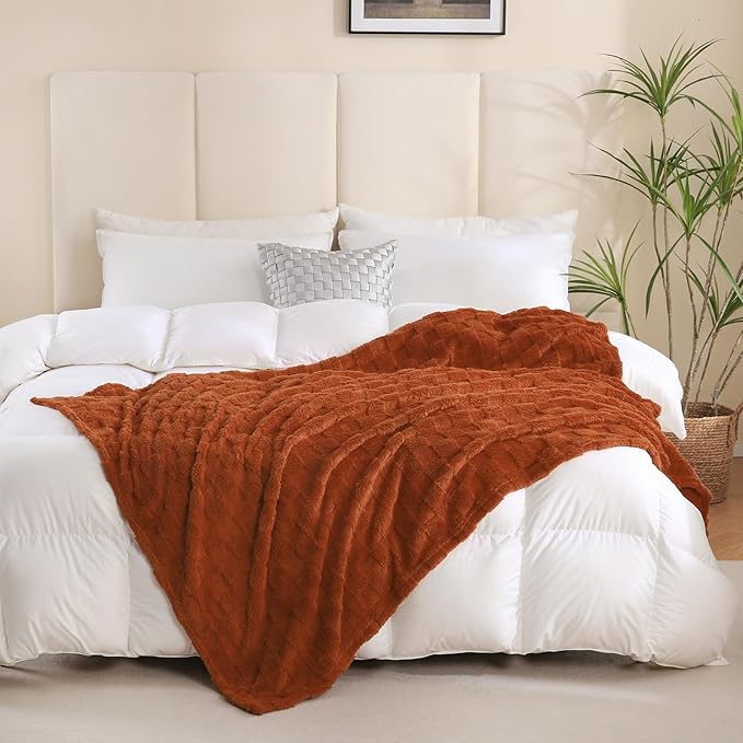 Burnt Orange Fleece Throw Blanket 108”×90” for Couch Sofa Bed,Super Soft Cozy Plush Microfiber Flannel Blanket with 3D Checkered Design Lightweight for Adults,Woman,Girls