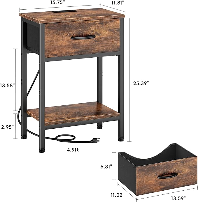 Vagusicc Nightstand with Charging Station, End Table with Fabric Drawer, Small Side Table with 2-Tier Storage Shelves, 25.4" Tall Bedside Table, Night Stand for Bedroom Living Room Dorm, Rustic Brown