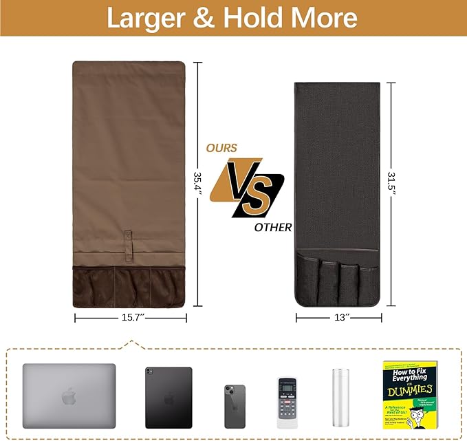 WOMACO Sofa Armrest Remote Magazine Holder, Non-Slip Armchair Recliner Caddy, Couch Arms TV Remote Control Organizer for Tablet, Phone, iPad, Laptop (Brown, 16" x 35" - 2 Pack)