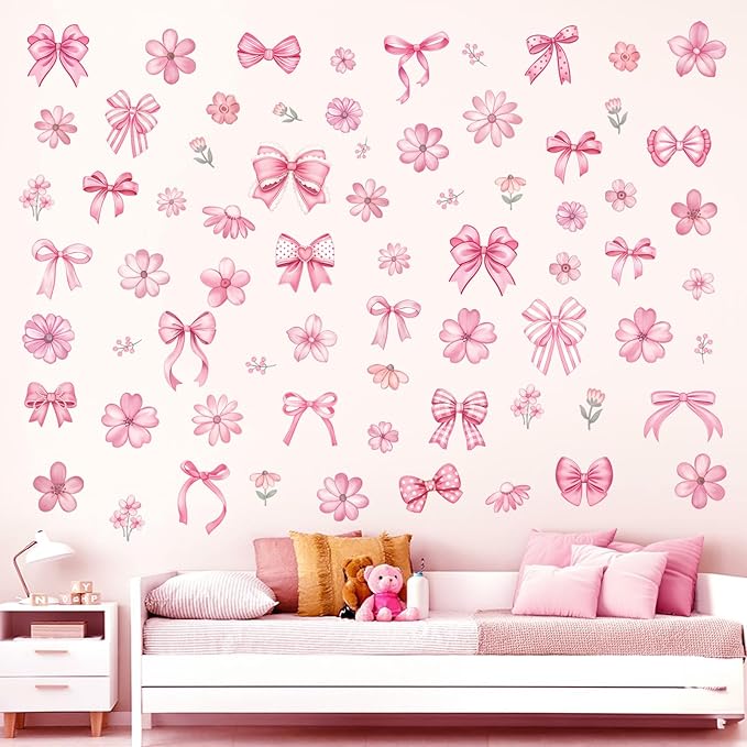 decalmile Pink Flower Bow Wall Stickers Watercolor Bow Knot Wall Decals Baby Nursery Bedroom Girls Room Wall Decor Gifts for Her
