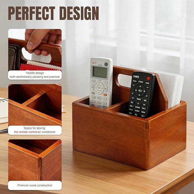 Acacia Wood Remote Control Holder with Handle, Desk Organizer with 3 Compartments, Wood TV Stand Decor, Easy Storage TV Remote Holder for Living Room, Bedside Caddy, Office Supplies