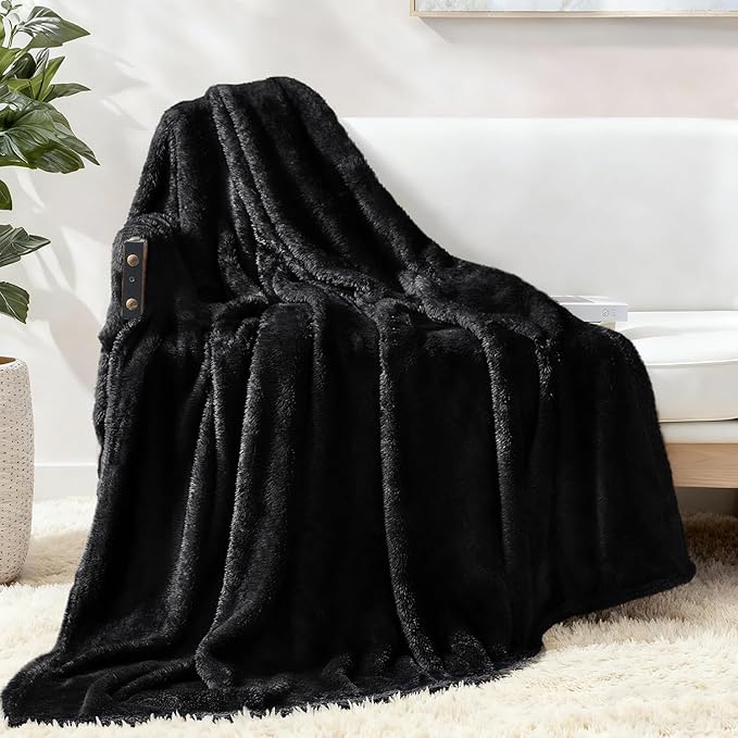 Exclusivo Mezcla Plush Fuzzy Fleece Throw Blanket Extra Large, Super Soft, Fluffy and Warm Blankets for Couch, Bed, All Season (Black, 50x70 inches)