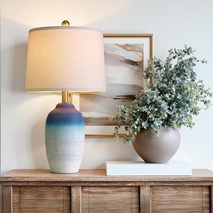24.5" Vintage Ceramic Table Lamp with 5FT Cord - Single Farmhouse Rustic Bedside Lamp with Natural Textured Finish, Nightstand Lamps for Living Room, Bedroom, End Table, Office White and Blue