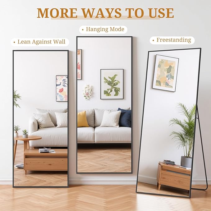 Full Length Mirror 71"x26" Full Body Mirror Rectangle Free Standing Wall Mounted Leaning Floor Mirrors with Stand Aluminum Alloy Frame for Bedroom Cloakroom, Black