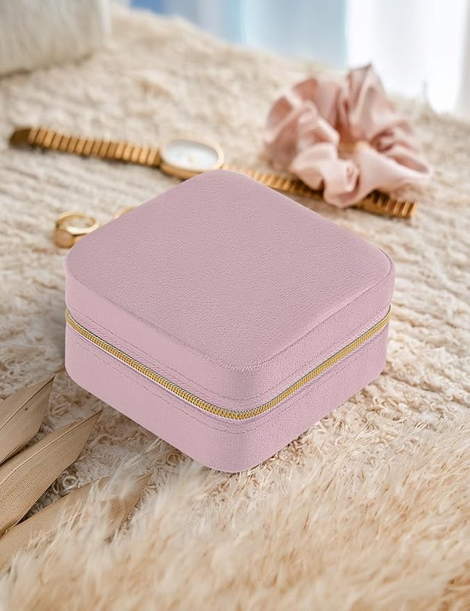 Plush Velvet Travel Jewelry Case Small Jewelry Box Jewelry Organizer Storage Case Portable Jewelry Travel Case for Girls Womens Earring, Necklace, Rings,Bracelets with Mirror