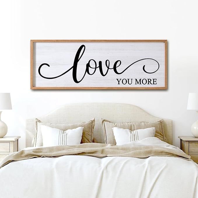 Love You More Decorative Rustic Sign & Plaque Framed Wall Art for Couples, 40''×15'' Vintage Cottagecore Wooden Horizontal Love Quote Home Decor Above Bed for Living Room, Farmhouse Wedding Gift