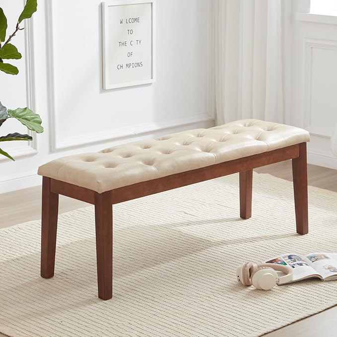 Ottoman Bench Upholstered Padded Seat with Solid Wood Legs and Button-Tufted, Faux Leather Ivory