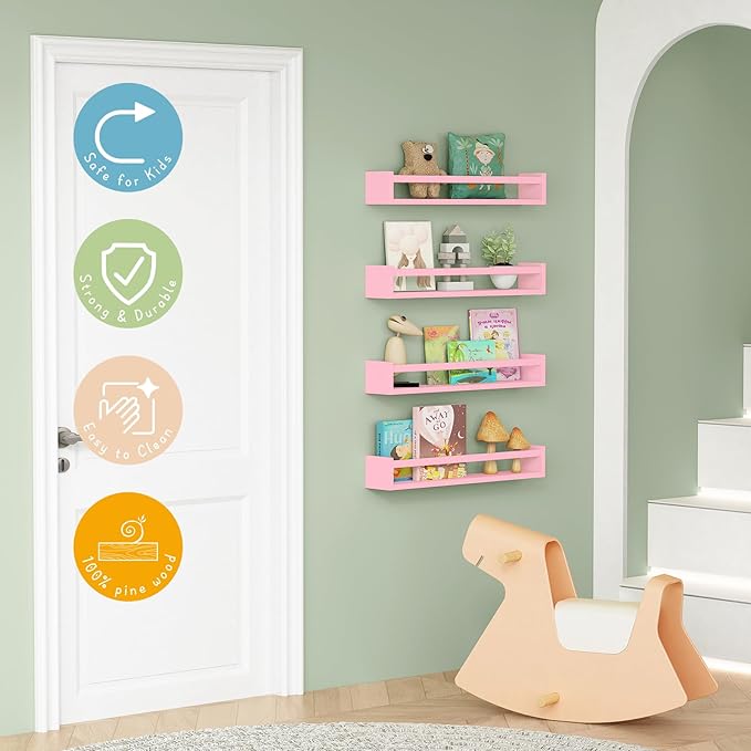 Forbena Large Pink Kids Book Shelves for Girls Room Wall Set of 4, Floating Nursery Book Shelf for Baby Girl Deocr, 24 Inches Long Wall Mounted Bookshelf for Toddler Kid Child Teens Bedroom (Pink)