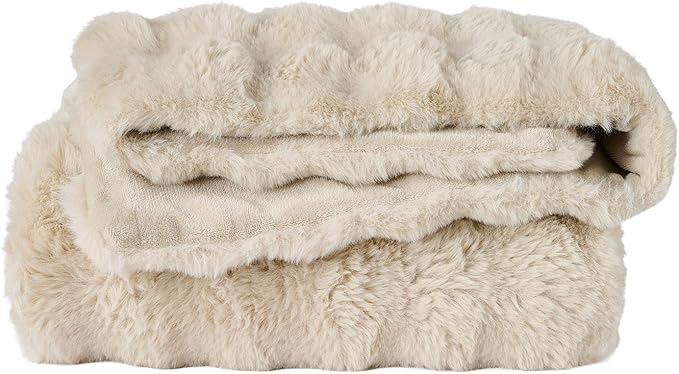 Lotus Karen Faux Fur Throw Blanket Linen - 800 GSM Bubble Rabbit Fluff Blanket for Couch Bed Sofa,Softest Fluffy Fuzzy Cozy Blanket,Thick Furry Plush Shaggy Warm Blankets for Women,50x60 Inches