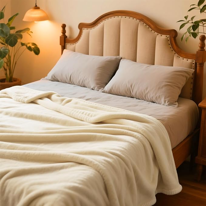 Plush Velvet Fleece Bed Blanket, Lightweight Queen Size Blanket, Soft Fuzzy Cozy Blanket for Couch (Cream Yellow, Queen)