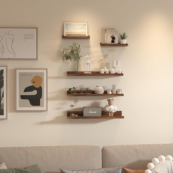 Giftgarden 24 Inch Wall Mounted Floating Shelves Set of 5, Rustic Wood Wall Shelves for Bathroom, Bedroom, Kitchen, Living Room Storage and Decoration, Brown Picture Ledge
