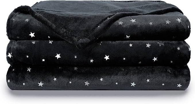 NANPIPER Fleece Blankets,Soft Fuzzy Star Foil Print Blanket,Luxury Cozy Microfiber Twin Size,65"x 80" Black