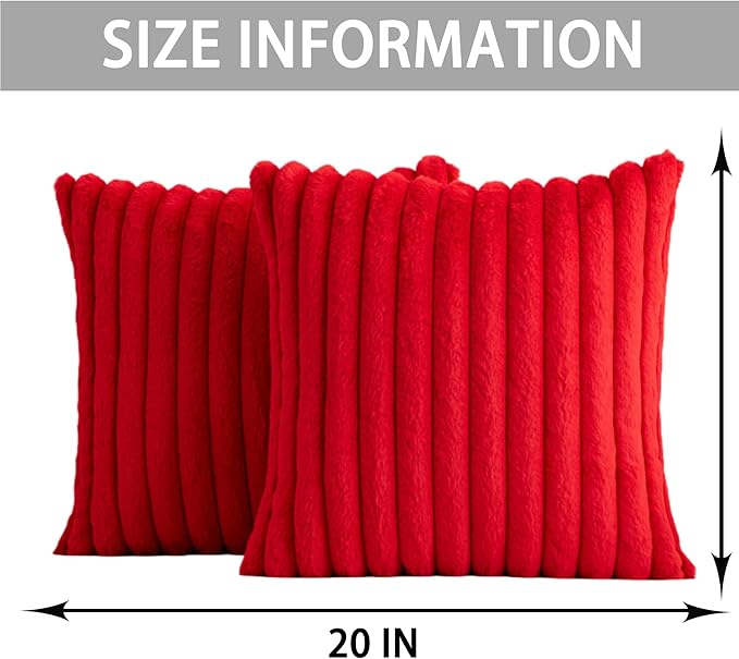 Aegero Pack of 2 Faux Fur Christmas Throw Pillow Covers 20x20 Inch, Soft Plush Striped Neutral Couch Pillow Cover, with Velvet Back Modern Home Decor for Sofa Living Room Couch Bed Red