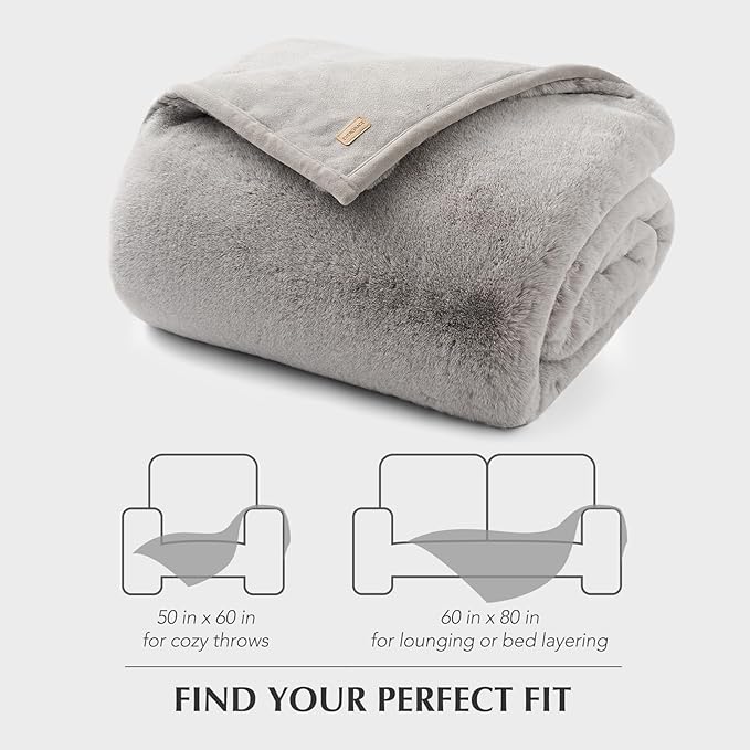 EVERGRACEHOME Luxury Soft Faux Chinchilla Fur Throw Blanket for Couch, Warm Thick Heavy Winter Throw Blanket 1220GSM for Bed, Fluffy Cozy Mink Blanket with Reversible Velvet, Silver Taupe, 50"x60"
