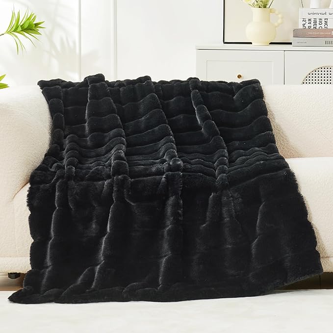 Cozy Bliss Deluxe Sheared Rabbit Faux Fur Throw Blanket, Soft Fuzzy High-Low Sculpted Plush Blanket for Couch, Cozy Home Accent, All Season Use, Black 60"x80"