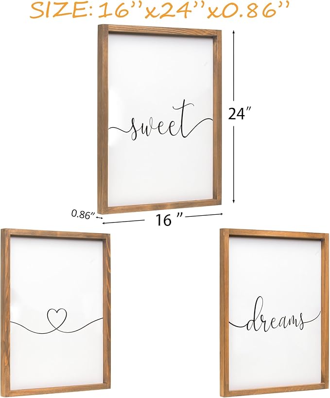 Set of 3 Sweet Dream Sign Bedroom Wall Decor Above Wed Wall Sign Farmhouse Wall Decor for Home Bedroom And Living Room (Brown, 16"x24")