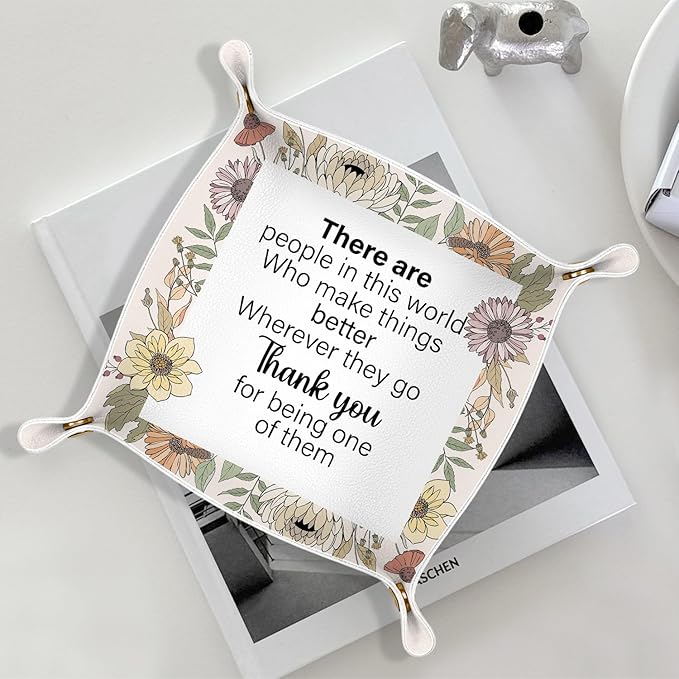 Thank You Gifts Jewelry Valet Tray for Women, Appreciation Gifts for Teacher Friends Coworkers PU Leather Catchall Beside Caddy Nightstand Organizer Tray for Jewelry Rings Watches, 7.87x7.87in