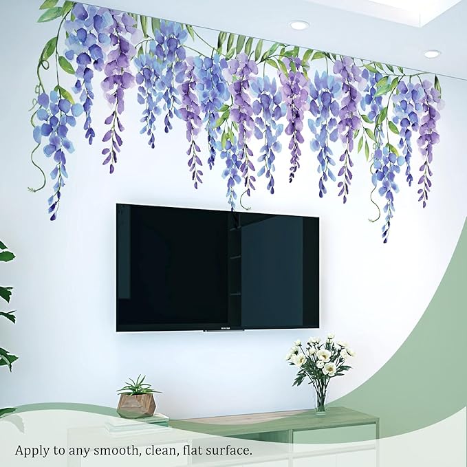 Purple Flowers Wall Decals Peel and Stick, Large Wisteria Floral Vinyl Wall Stickers, Removable Vine Home Decor Art for Bedroom Living Room Classroom Office