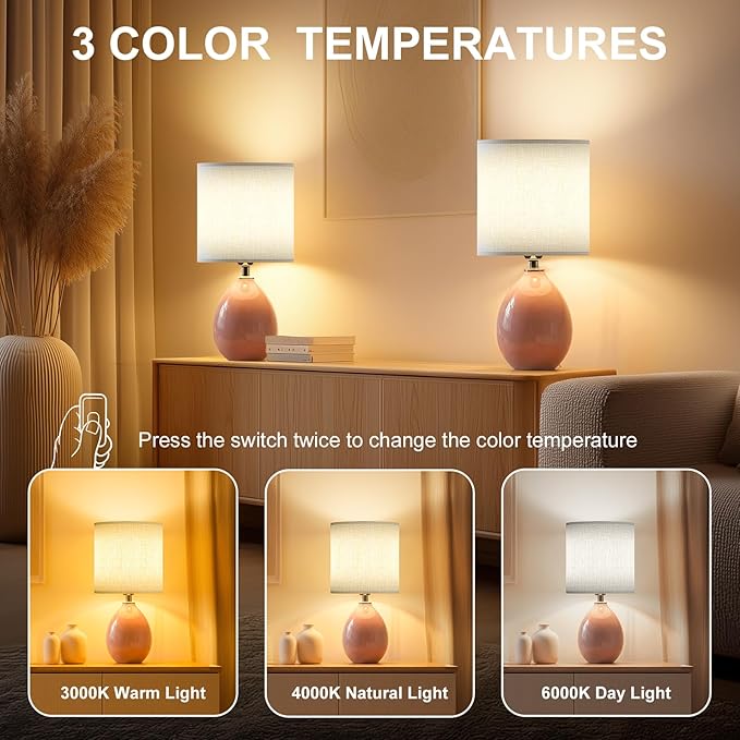 18.5" Table Lamps Set of 2 for Living Room Bedroom, Bedside Lamps for Night Stands, Desk Nightstand Lamp Dimmable, Modern Linen Ceramic Lamps，Pink