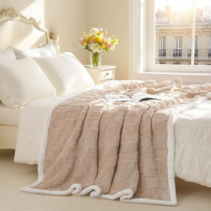 Sherpa Throw Blanket for Couch, Flannel Cozy Soft Thick Blanket for Bed - Fleece, Beige, 60x80 Inches