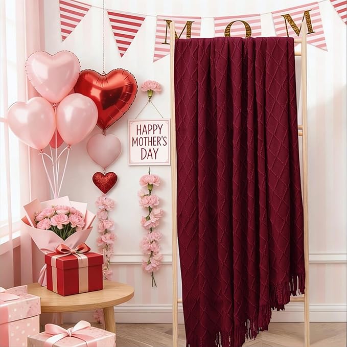 inhand Claret Knitted Throw Blanket for Couch Bed, Mothers Day/Mom Birthday Gifts for Mom from Daughter Son, Soft Lightweight with Tassels, Farmhouse Warm Decorative Blanket for Women, 50"x60"