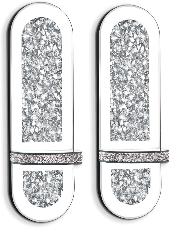Crystal Crushed Diamond Mirrored Candle Sconces Set of 2 Silver Glass Wall Candle Holder Bling Wall Decorations for Home Decor Living Room Dining Room Bedroom
