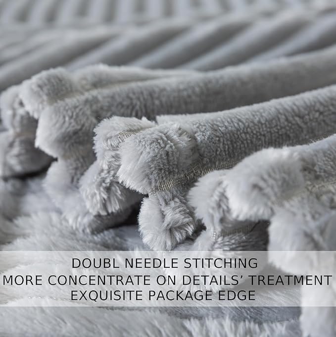Cuddly Ash Grey Fleece Blanket, Warm and Soft with Striped Pattern for Twin XL Extra Long Bed, 66x90 Inches