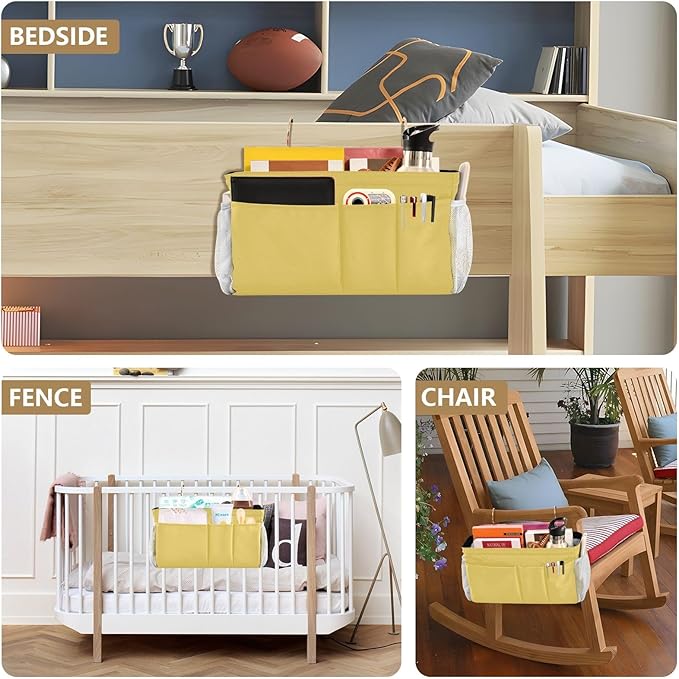 DOMIKING Lemon Yellow Bedside Caddy for Dorm Bed Recliner Armrest Organizer with Hooks Haning Storage Pocket for Headboards Rails Bunk Bed