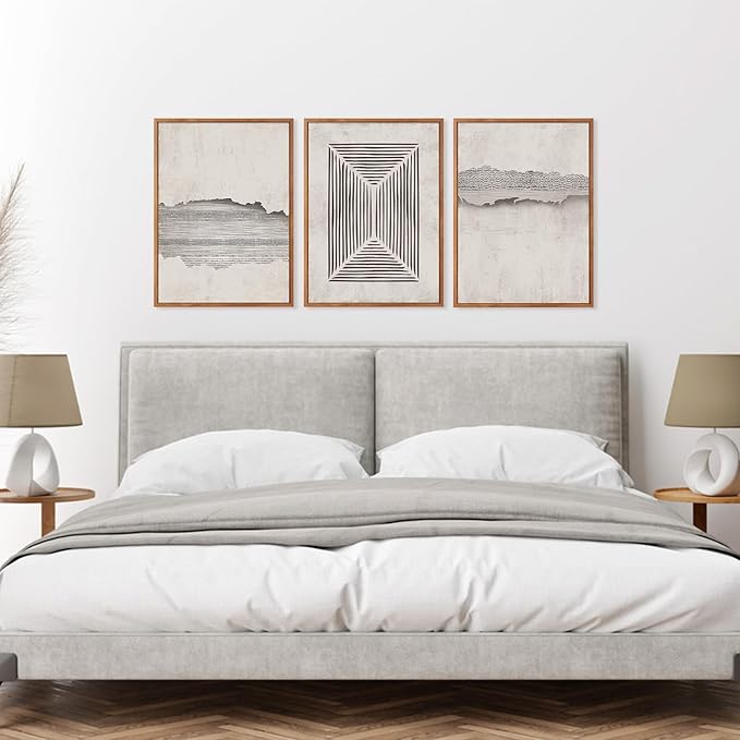 CHDITB Abstract Minimalist Framed Canvas Wall Art Set Of 3, Modern Mid Century Wall Decor, Geometric Line Textured Inspired Artwork, Neutral Art Print For Living Room Office Bedroom Decor (12X16 Inch)