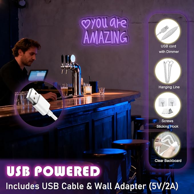 You Are Amazing Neon Sign Wall Decor for Bedroom Class Room Bar Pub Club Nursery Hanging,Dimmable USB Pink Led Light for Wedding Birthday Party Women Christmas Gifts