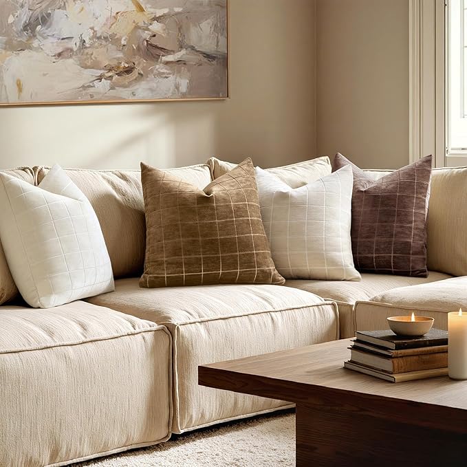 MIULEE Decorative Chenille Check Throw Pillow Covers Vintage Plaid Couch Pillows 18x18 Inch Set of 2 Neutral Boho Farmhouse Cushion Covers Modern Home Decor for Sofa Bed Living Room Toffee
