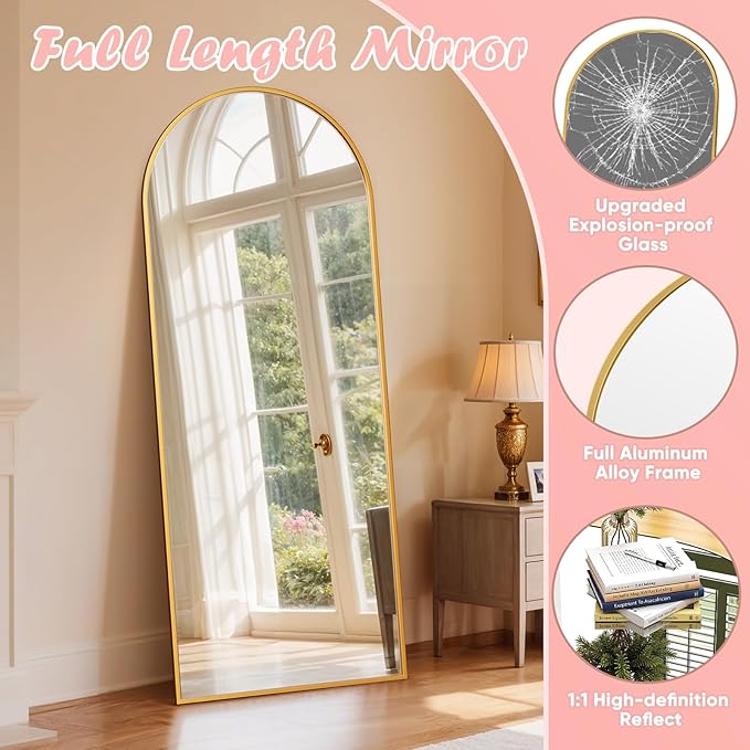 Full Length Mirror, 64" x 21" Arched Full Body Mirror Large Standing Floor Mirrors, Mirrors for Bedroom, Bathroom, Living Room Standing or Wall Leaning, Gold