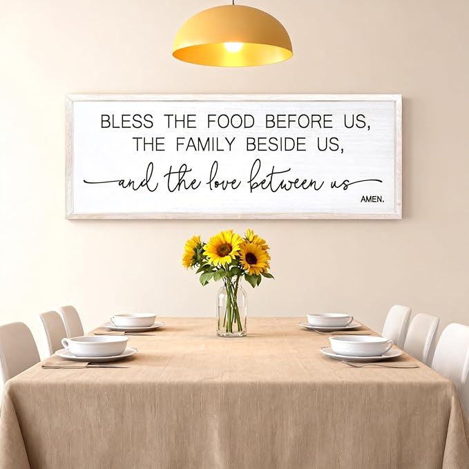 Bless the Food Before Us, the Family Beside Us, and the Love between us Framed Wall Art for Dining Room, 40''×15'' Positive Holy Religious Rustic Bible Verse for Christian God Jesus Christ Prayer