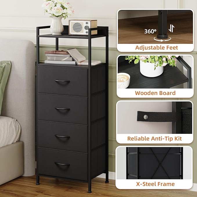 Somdot Nightstand with 4 Drawers, Vertical Storage Tower Fabric Dresser for Bedroom, Night Stand Bedside Table Furniture, Sturdy Steel Frame, Wooden Top & Easy Pull Fabric Bins, Black