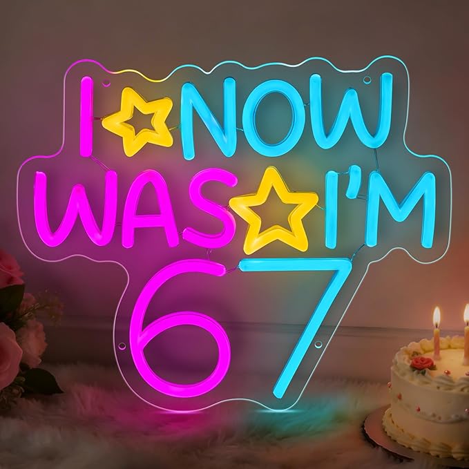 6 7 Birthday Decorations Neon Sign I WAS 6 NOW I'M 7 Neon Light for Wall Art Decor,Boy Girl 7 Years Old,Dimmable LED Lights for Bedroom Party Background Decoration Birthday Gifts