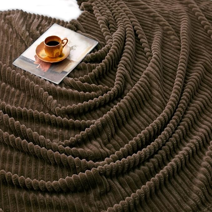 Vessia Flannel Fleece Throw Blanket, 300GSM Cozy Brown Stripe Throw for Couch, Sofa and Bed, Warm and Soft Chocolate Microfiber Ribbed Blanket for All Season