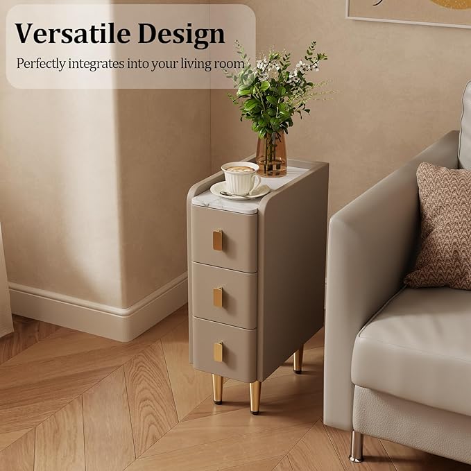 AQIMUELE Narrow Nightstand with Drawers, Narrow Side Table Leather, Small Bedside Tables for Bedroom. (Beige)