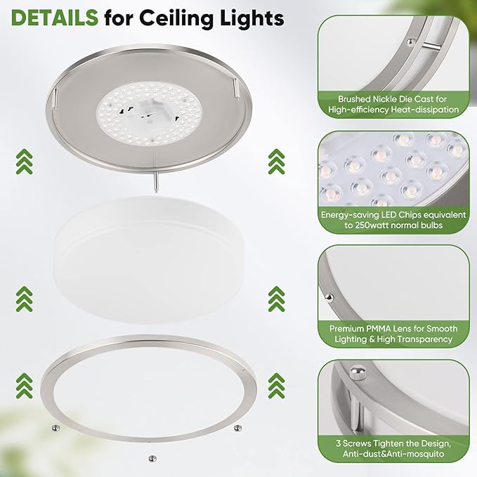 36W LED Flush Mount Ceiling Light Fixture, 13inch LED Ceiling Light 3600LM, Modern Ceiling Light 2700K/3000K/4000K/5000K/6500K 5CCT, Brushed Nickle Dimmable Ceiling Lamp for Living Room Kitchen,1 Pack